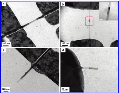 Figure 2c shows an etched Si nanowire with Pt pads on both sides before reaction. After annealing at 500 C for about 5 10 min, higher contrast sections with sharp interface with the Si start to emerge from both ends of the nanowire near the Pt pads, sugge