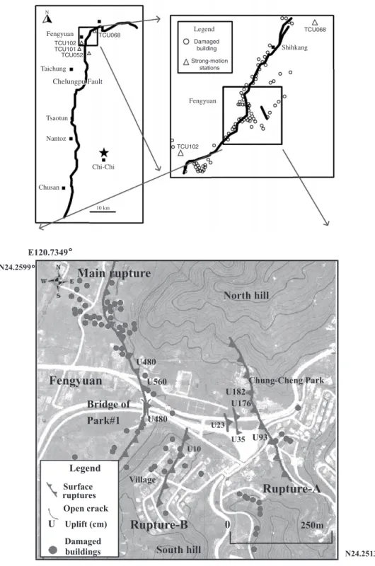 Fig. 1. The surface ruptures (uplift is illustrated as U560, in cm) and distribution of damaged buildings in Chi-Chi earthquake (redrawn from NCREE, 2000 ).