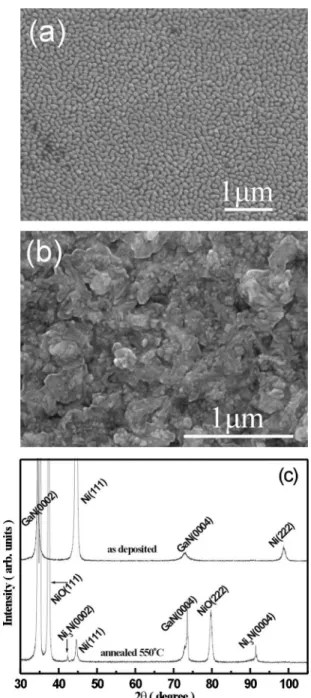 Figure 2. SEM images and XRD spectra of Ni film on GaN surface: 共a兲
