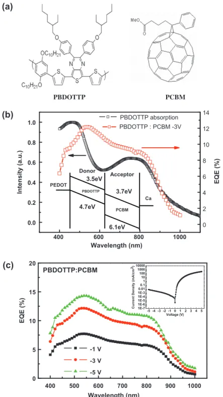 Fig. 3. (a) The chemical structures of PBDOTTP and PCBM. (b) The absorption spectra of pure PBDOTTP ﬁlm and the EQE of PBDOTTP:PCBM bulk heterojunction photo-detector under reverse bias of 3 V