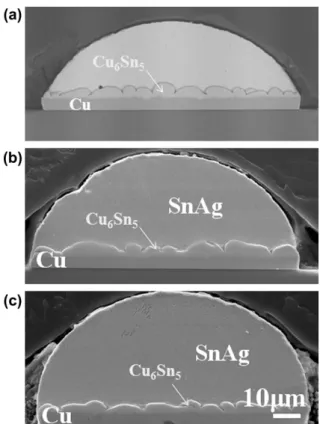 Figure 1. (a) Cross-sectional SEM images for the as-fabricated 19-lm- 19-lm-thick solder sample and (b) cross-sectional SEM images for the  as-fabricated 2-lm-thick solder sample
