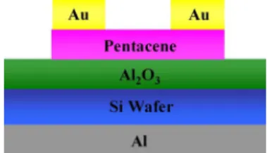 Fig. 1. Cross-sectional diagram of the proposed pentacene-based OTFT device with top contacts and bottom gate structure.