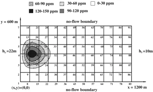 Fig. 2 Finite-element mesh, boundary conditions, and initial plume in Case 1