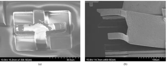 Fig. 10. Enlarged SEM photographs of (a) alignment mark on the CMOS chip transferred onto the silicon carrier and (b) lifted Cu line on the silicon carrier after forcefully separating the bonded transition structure.