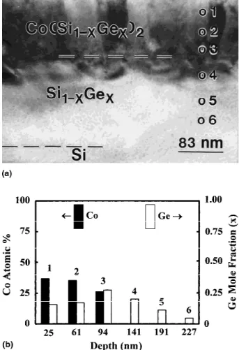 FIG. 3. (a) XTEM image and (b) the depth profiles of Co and Ge for the Co/Si 0.76 Ge 0.24 sample annealed at 0.8 J/cm