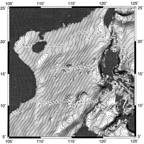Fig. 5. The predicted geoid over the South China Sea, contour interval is 0.5 m