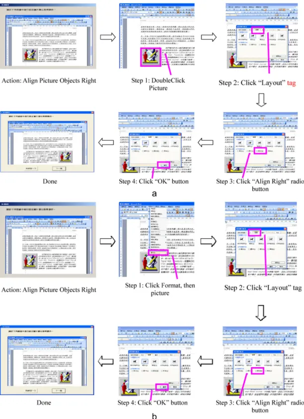 Fig. 8. a. Cal screenshots of procedural knowledge items – ﬁrst approach. b. Cal screenshots of procedural knowledge items – second approach.