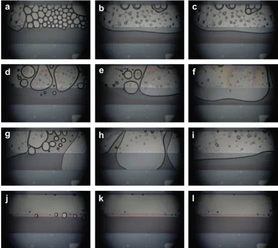 Fig. 8. Both H 2 O 2 of 1.0 M and water with red dye were driven into the Y-shaped microﬂuidic reactor for ﬂow visualization, volumetric ﬂow rate for cases: (a)e(c) is 1 m L min 1 ; (d)e(f) is 10 m L min 1 ; (g)e(i) is 100 m L min 1 ; (j)e(l) is 1000 m 