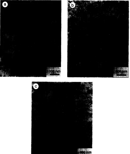 Fig.  5.  TEM  photographs of films implanted by  As +  with the  2 ×  1015 c m -  2 dose and  annealed  at (a)  700°C,  (b)  800°C,  and (c)  1000°C,  respectively