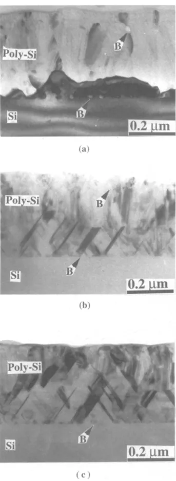 Fig. 5. XTEM micrograph of BF~ implanted poly-Si/Si after thermal  annealing at  1000~  far (a)  10, (b) 30, and(c)  60  min