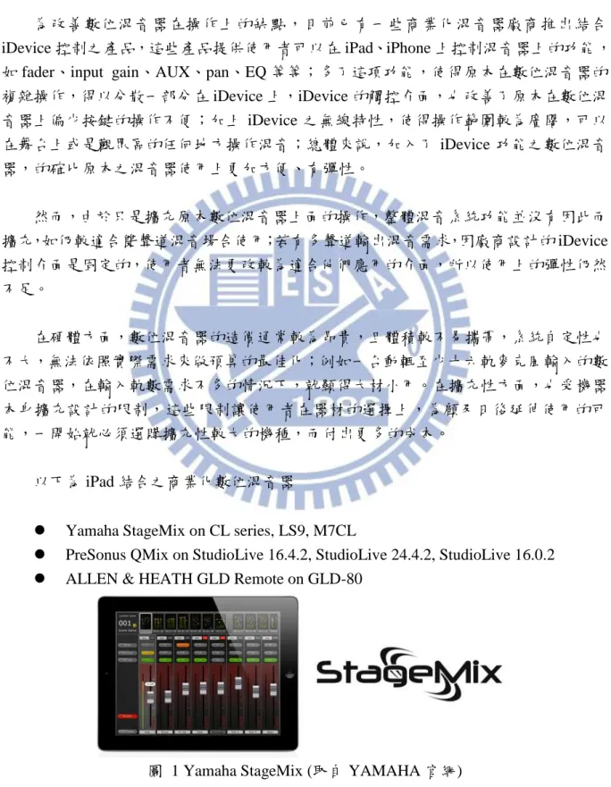 圖  1 Yamaha StageMix (取自 YAMAHA 官網) 
