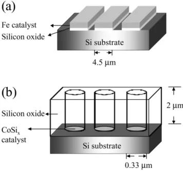 Fig. 1. Schematic diagrams (a) Fe-coated SiO line arrays; (b) SiO 2 2 hole arrays with CoSi on the bottom of the hole