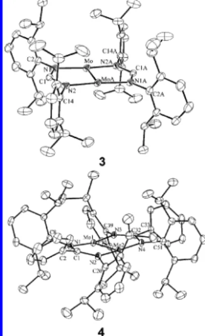 Figure 2. Molecular structures of 3 (top) and 4 (bottom) with thermal ellipsoids shown at the 35% probability level.