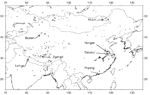 Figure 1. Locations of the six studied lakes in China. Triangles represent precipitation stations
