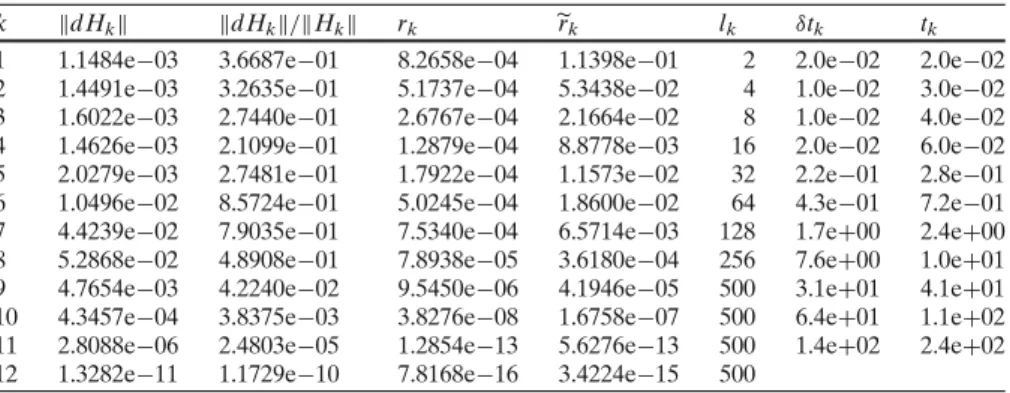 Table 5 Example S2 (n = 1, 000, σ (A) = 0.9999, l = 2, γ = 300; τ = 10 −30 , l k ≤ 500) k dH k  dH k /H k  r k r k l k δtk t k 1 1.1484e −03 3.6687e −01 8.2658e −04 1.1398e −01 2 2.0e −02 2.0e −02 2 1.4491e −03 3.2635e −01 5.1737e −04 5.3438e −02 4 
