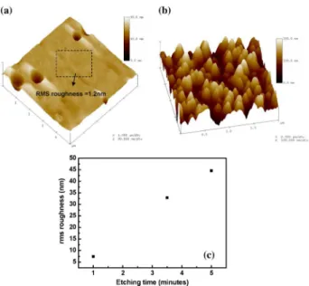 Fig. 2. (a) SEM images of our fabricated device and the surface roughness, and (b) transmission electron microscopy (TEM) image of the GaN cone spreading on sample surface.