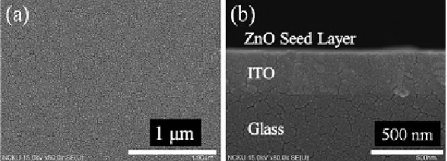Figure 2. SEM images of the ZnO seed layers annealed at 200 °C. (a) Top view and (b) cross section view