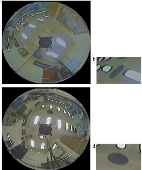 Fig. 9. Two example images acquired by the camera equipped on the vehicle. (a) and (c): images acquired at different positions