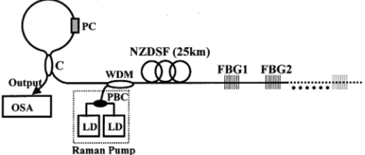 Fig. 1. Schematic diagram of the long-distance FBG sensor system. (C: 2 2 2 coupler. LD: 1450-nm laser diode