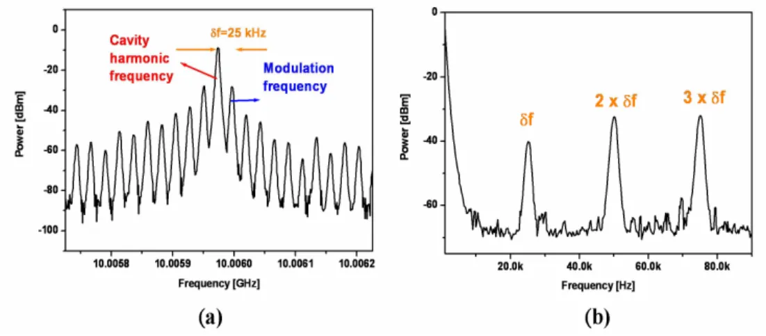 Fig. 3. Frequency sidebands observed in the electronic frequency spectra. (a) 500 kHz span, 