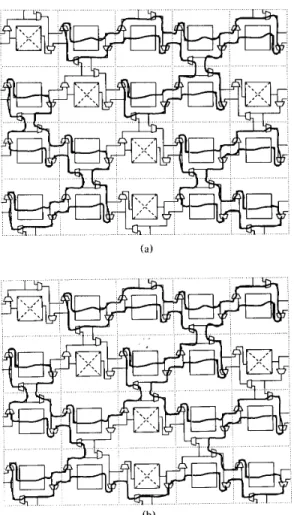 Fig.  8.  Reconfiguration  solutions for three-neighbor loops: (a) utilizing  interconnections  between good  cells only,  and (b) utilizing  interconnec-  Fig