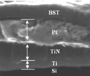 Figure 1 shows a cross-sectional FESEM micrograph of the BST/Pt/TiN/Ti/Si capacitor, with the BST film deposited at 300°C