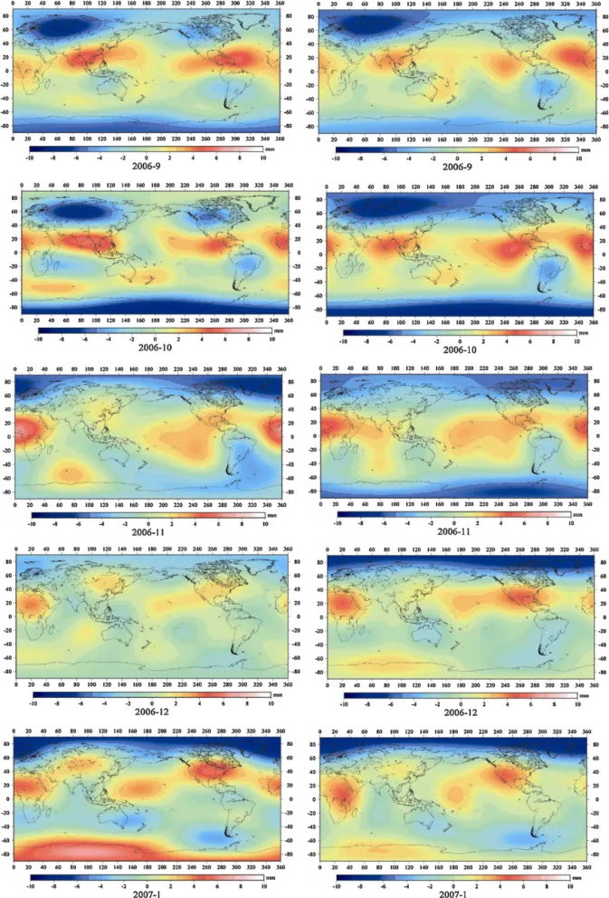 Fig. 3. Geoid variations up to degree 5 from CSR RL04 (left) and from NCTU.