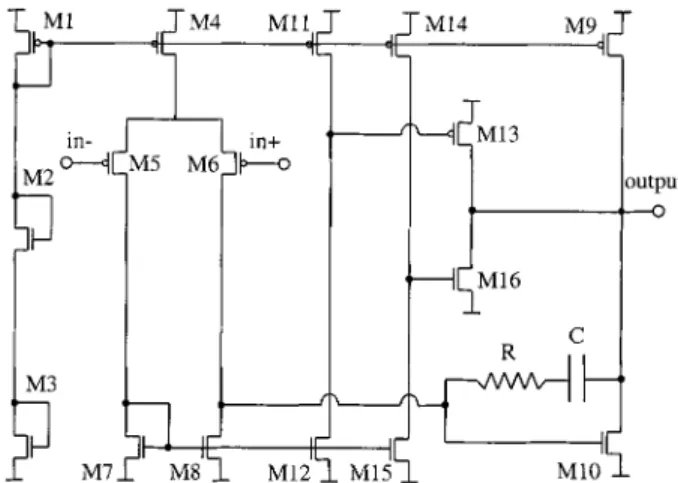 Fig. 1 shows the proposed class-AB buffer circuit. As a buffer, the output is connected to the inverting input (in ) and the input signal is applied to the noninverting terminal (in +)