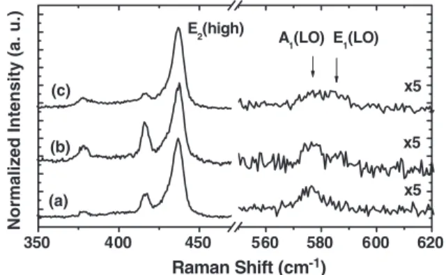 Figure 4. Raman spectra obtained from (a) the vertically aligned ZnO nanowires grown in region I, (b) the tilt-aligned ZnO nanowires in region II and (c) random-growth-oriented nanobelts in region III.