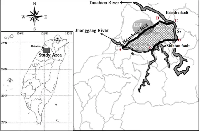 Figure  1.  Map of an aquifer  in Hsinchu,  Taiwan. The study area is shaded. (modified from  Hydrological year book of Taiwan, 2010, Part II-River stage and discharge, and Taiwan  Active Fault Information System) 