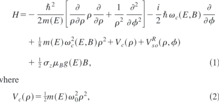 FIG. 1. Magnetization of InAs parabolic quantum dot with and without spin–orbit interaction: 共a兲 for one and two electrons; 共b兲 for three and four electrons 共inset shows the dot energy levels for 兩l兩⫽1 with the spin–orbit interaction included, arrows refer