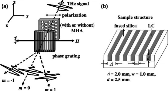 Figure 2 illustrates schematically our experimental setup and structure of the LC phase grating,  which was designed such that the 1 st  order diffraction efficiency would be highest around 0.3  – 0.5 THz
