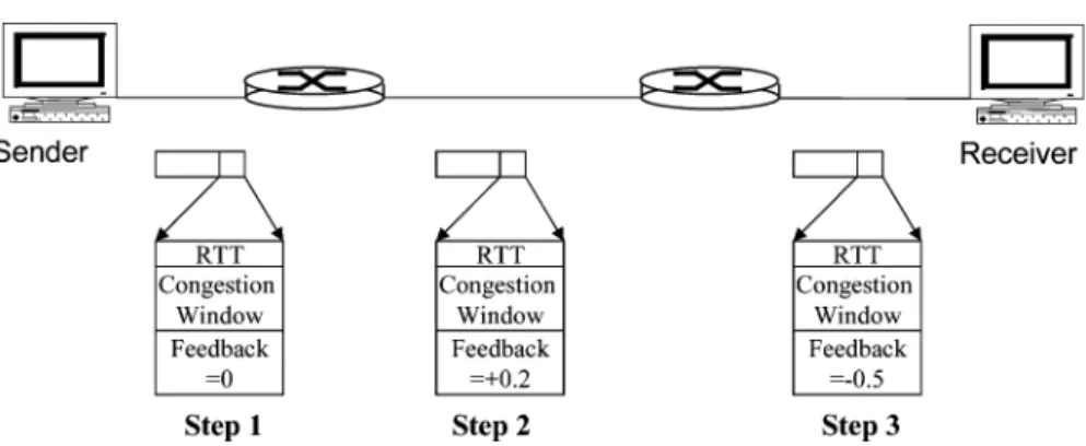 Fig. 1. Illustration of the updating of the feedback field of packet header by routers