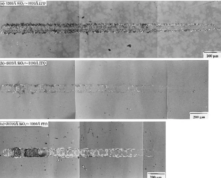 Fig. 3. Optical micrographs of scratch channels for ITO films with SiO coatings of various thickness