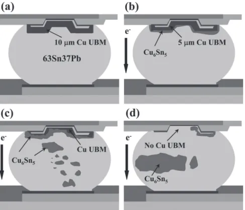 FIG. 7. The failure mechanism of two stages dissolution of a 10- ␮m-thick Cu UBM in a flip-chip joint