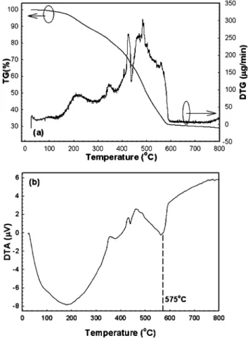Fig. 1 (a) shows the TG and the derivative thermogravim- thermogravim-etry (DTG) of the dried gel-form precursor powders