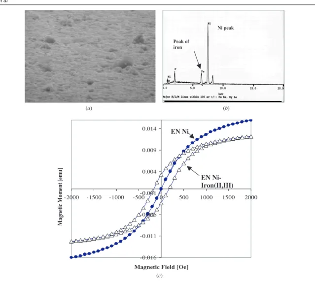 Figure 12. (a) The SEM of the as-deposited electroless-nickel (EN Ni)-iron(II, III) oxide film and (b) EDS showing the surface composition of the film and confirming the encapsulation of iron(II, III) oxide nanoparticles in electroless nickel