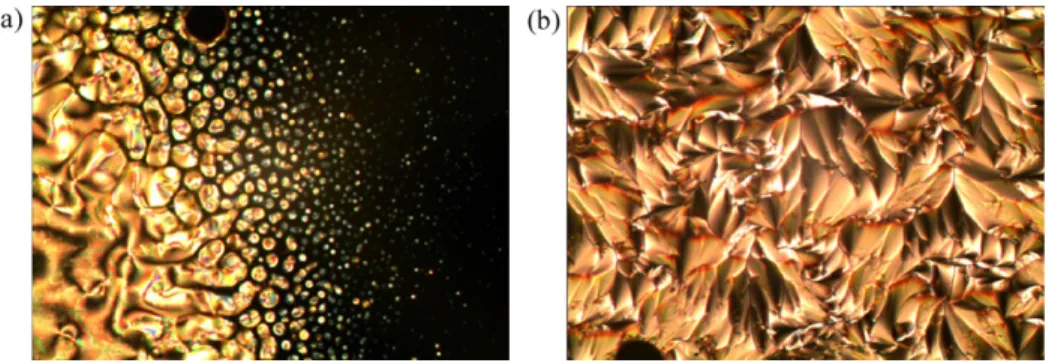 Fig. 1. Optical photomicrographs of 8MeBTH upon cooling. Formation of nematic droplets (a) cooled from isotropic and upon further cooling, Smectic A phase with focal conic texture (b) was observed.