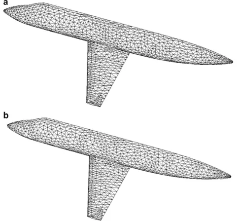 Fig. 4. Triangular surface mesh of wing-fuselage: (a) original surface mesh and (b) surface mesh after smoothing.