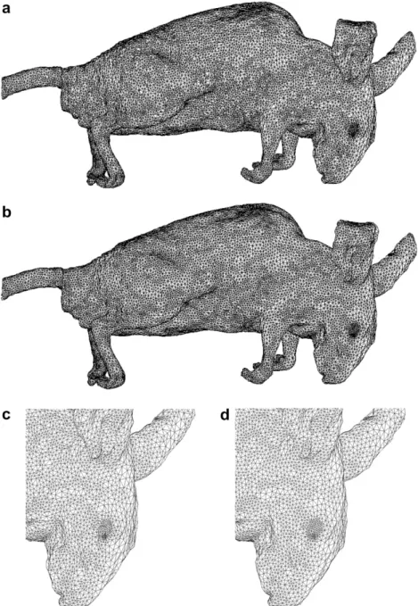 Fig. 8. Triangular surface mesh of rat: (a) original surface mesh; (b) surface mesh after smoothing; (c) original surface mesh (enlarged); and (d) surface mesh after smoothing (enlarged).