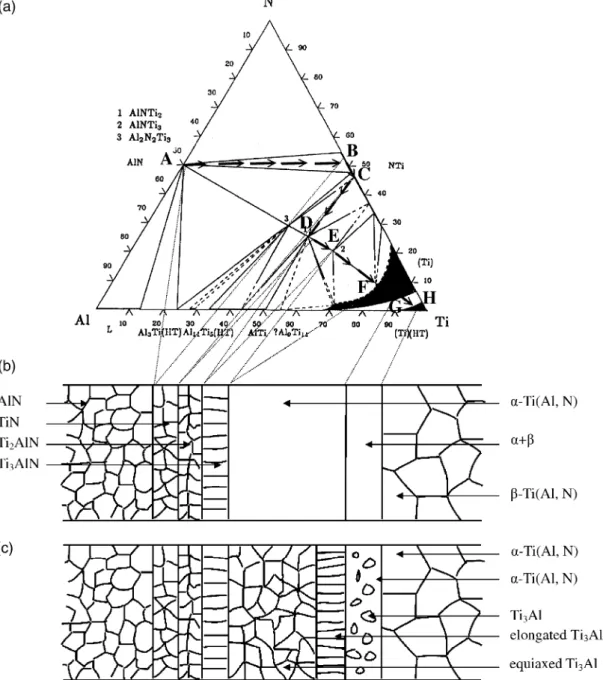 Fig. 6. (a) Isothermal section of the Ti–Al–N phase diagram at 13001C. 30 The diffusion path was drawn as arrows; (b) the microstructure of an AlN/Ti diffusion couple at 13001C; (c) the microstructure of an AlN/Ti diffusion couple after cooling.