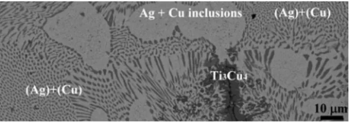 Figure 1 presents a backscattering electron image (BEI) of the as-received Ticusil foil after annealing at 900 °C for 1 h