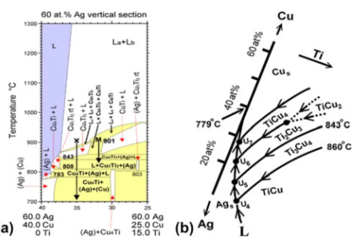 FIG. 10. (a) A vertical Cu –Ti–(60% Ag) section of the Ag–Cu–Ti