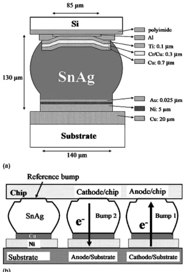 FIG. 1. Schematic diagrams of the bumps used in this study. (a) Cross-sectional view showing the structure of a SnAg bump