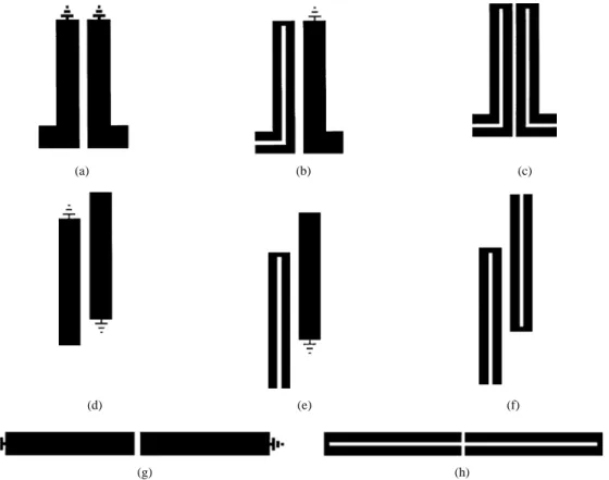 Fig. 4. (a)–(h) Basic coupling structures used in the proposed filters.