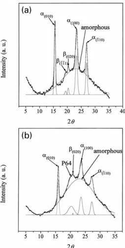 Fig. 7. The deconvolution curves of the X-ray diffraction curve: (a) pure PEN; and (b) the 30:70 P64/PEN blend.