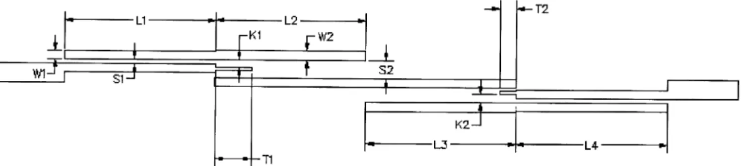 Fig. 2. Layout of the fabricated filter (in mil). L1 = 354; L2 = 354; L3 = 354; L4 = 354; S1 = 11; S2 = 35; W1 = 19; W2 = 21; K1 = 19; K2 = 20; T1 = 87 ; T2 = 39
