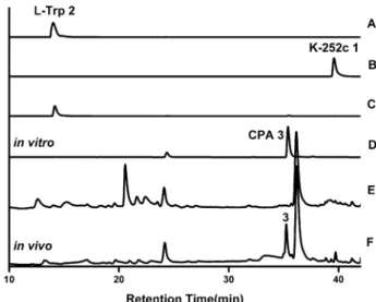 Fig. 8 RP-HPLC analysis of the in vivo and in vitro assays with NokABCD enzymes and L -tryptophan ( L -Trp)
