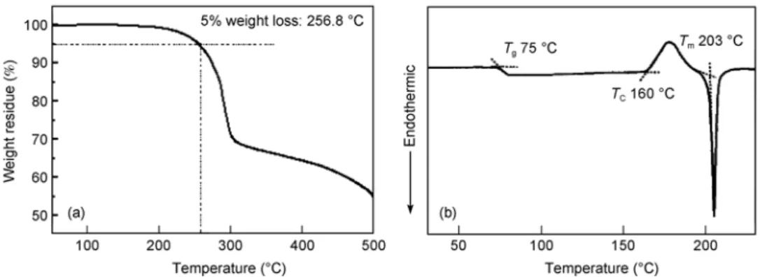 Figure 5    Thermal analysis of (a) TGA curve and (b) DSC curve.