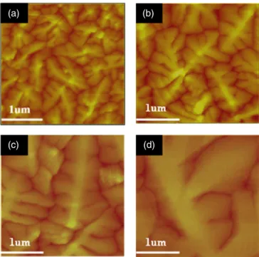 Figure 4. AFM images of 60 nm-thick pentacene films deposited at various deposition temperatures at a fixed flux rate (0.5 Å s −1 ) onto PαMS-treated SiO 2 substrates; image size: 3 × 3 µm 2 